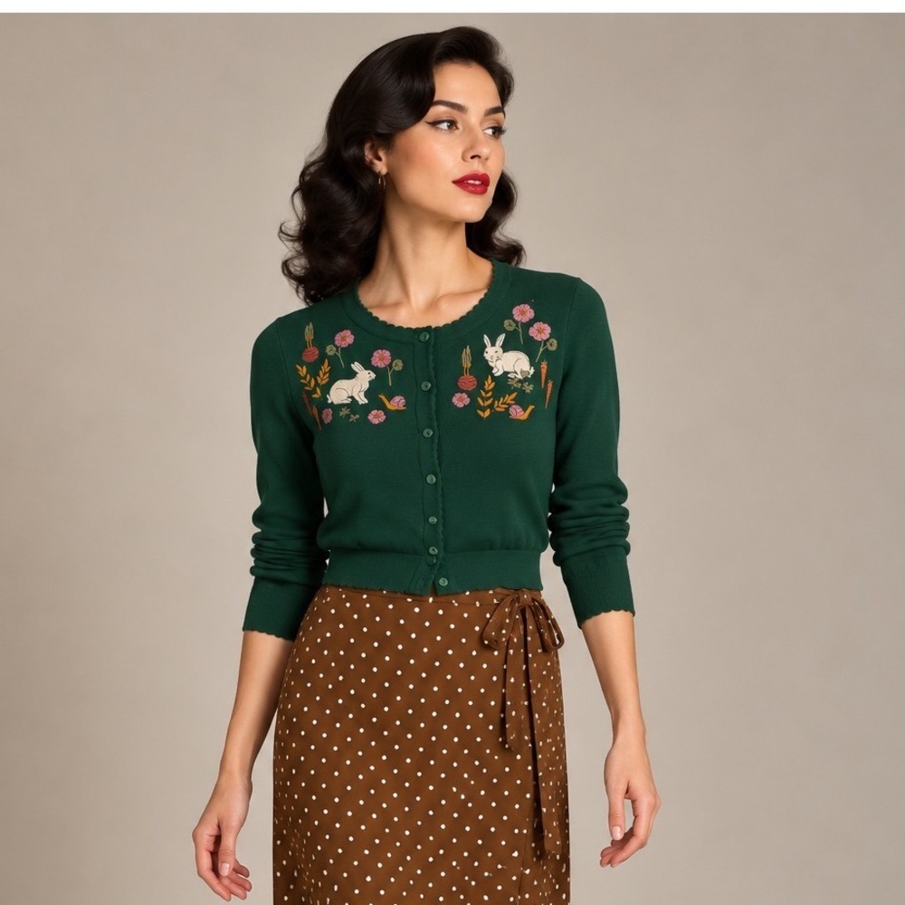 ModCloth Green Embroidered Bunny Cottagecore Button Front Cardigan, 12